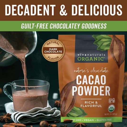Viva Naturals Organic Cacao Powder, 2Lb - Unsweetened Cocoa Powder Wit